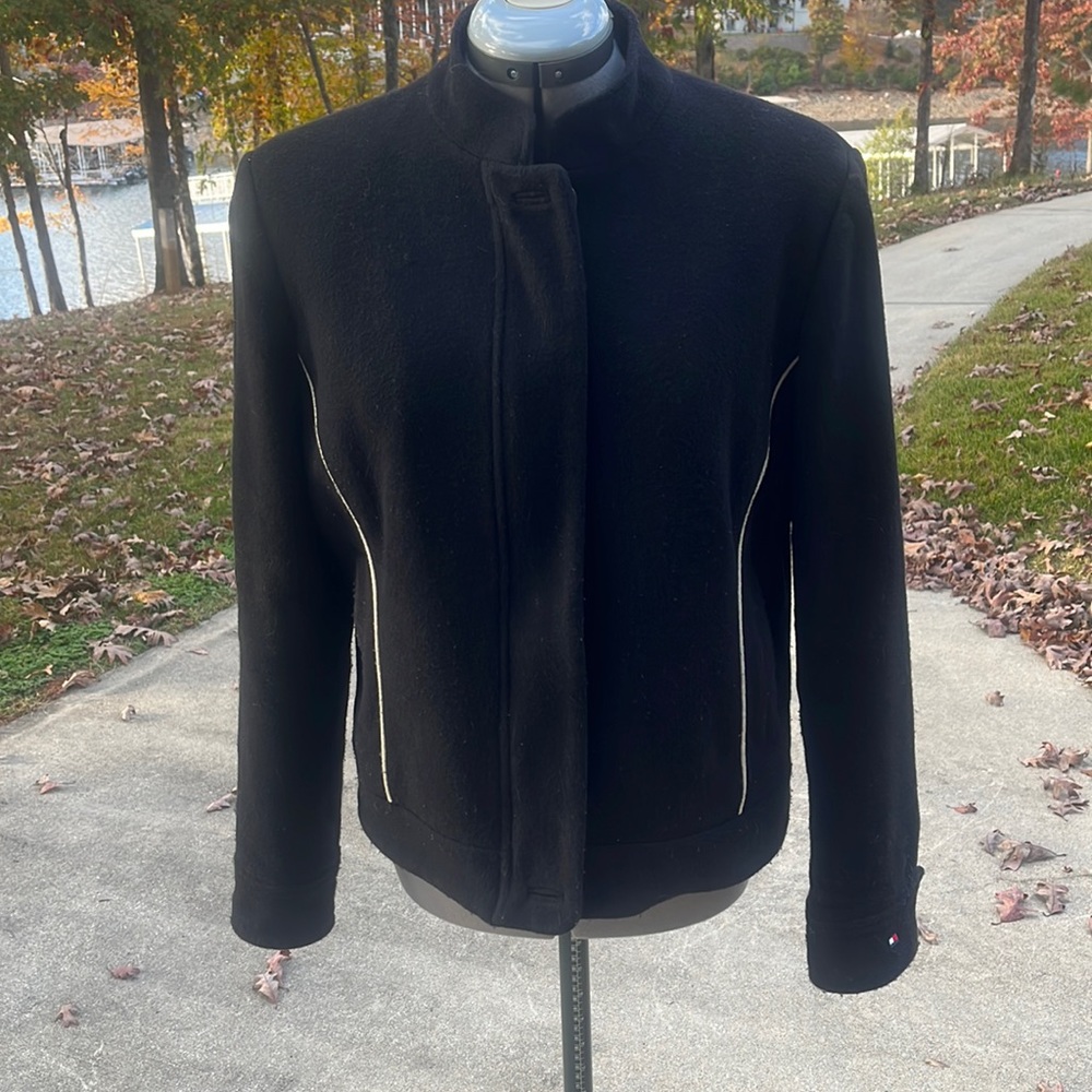 Tommy Hilfiger Black wool flannel coat with red lining. Large jr